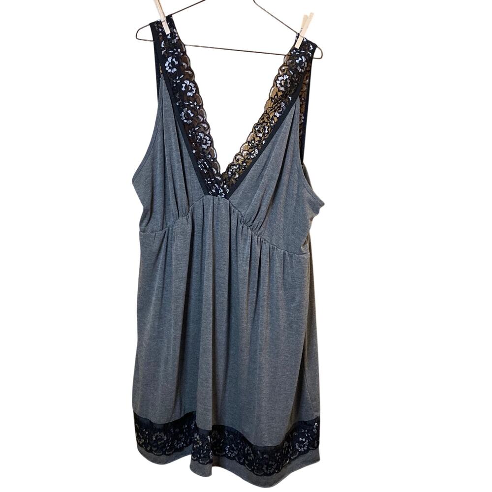 Bloomchic Gray Knit Black Lace Trim Chemise Nightgown Lounge Dress Plus Sz 22/24